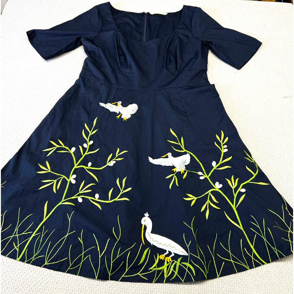 Navy Embroidered A-Line Dress with Bird Motif